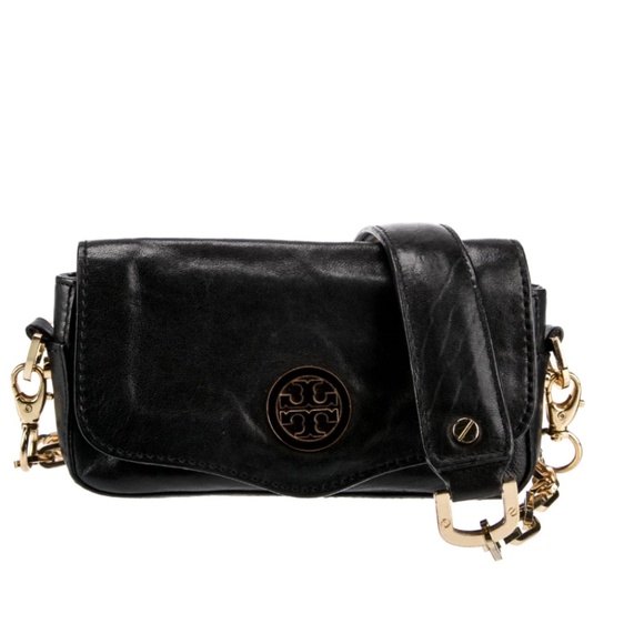 TORY BURCH — Logo Gold Chain Black Leather Clutch - Picture 2 of 9